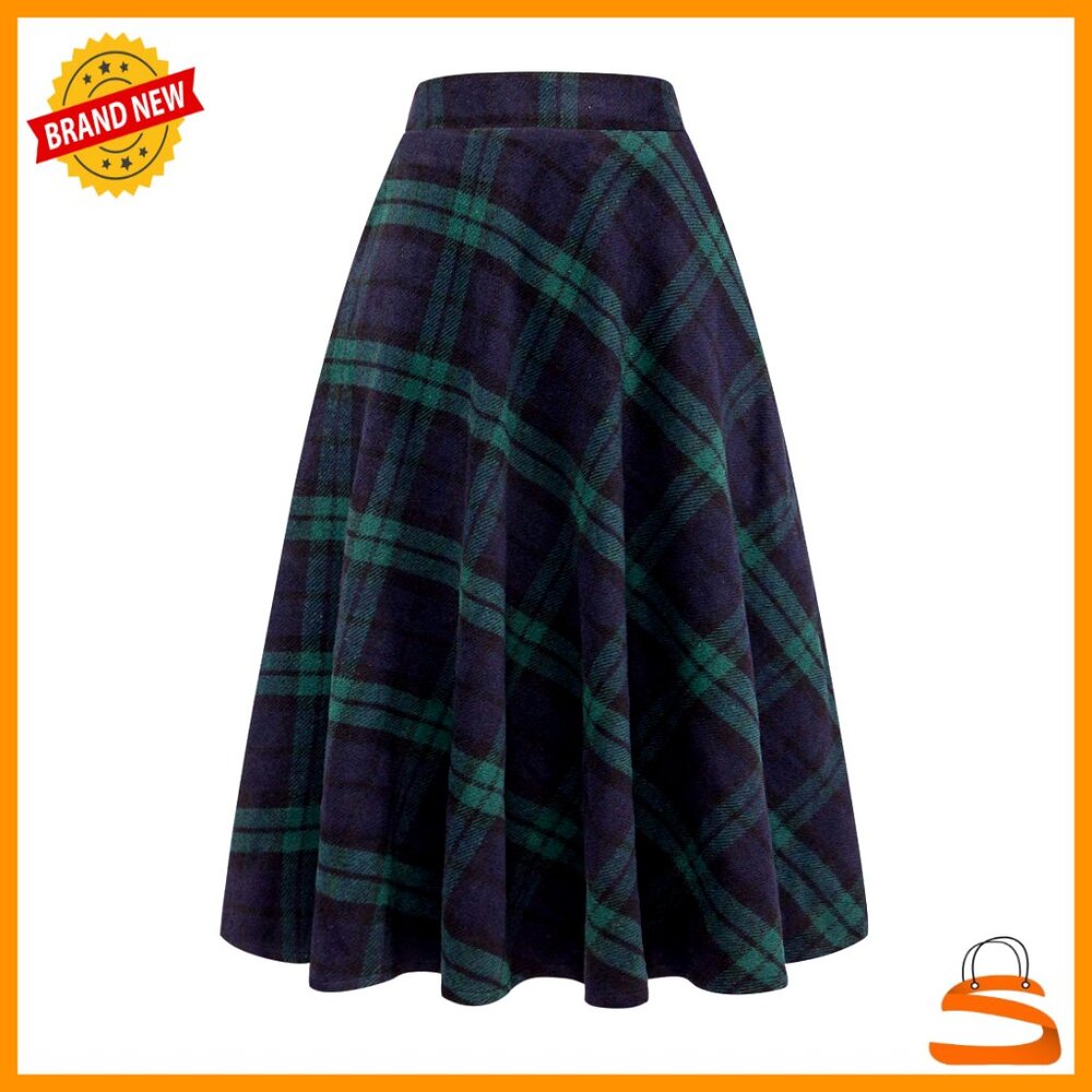 Wool Plaid A-Line Skirt High Waist Flared Maxi Winter Warm Elegant Chic